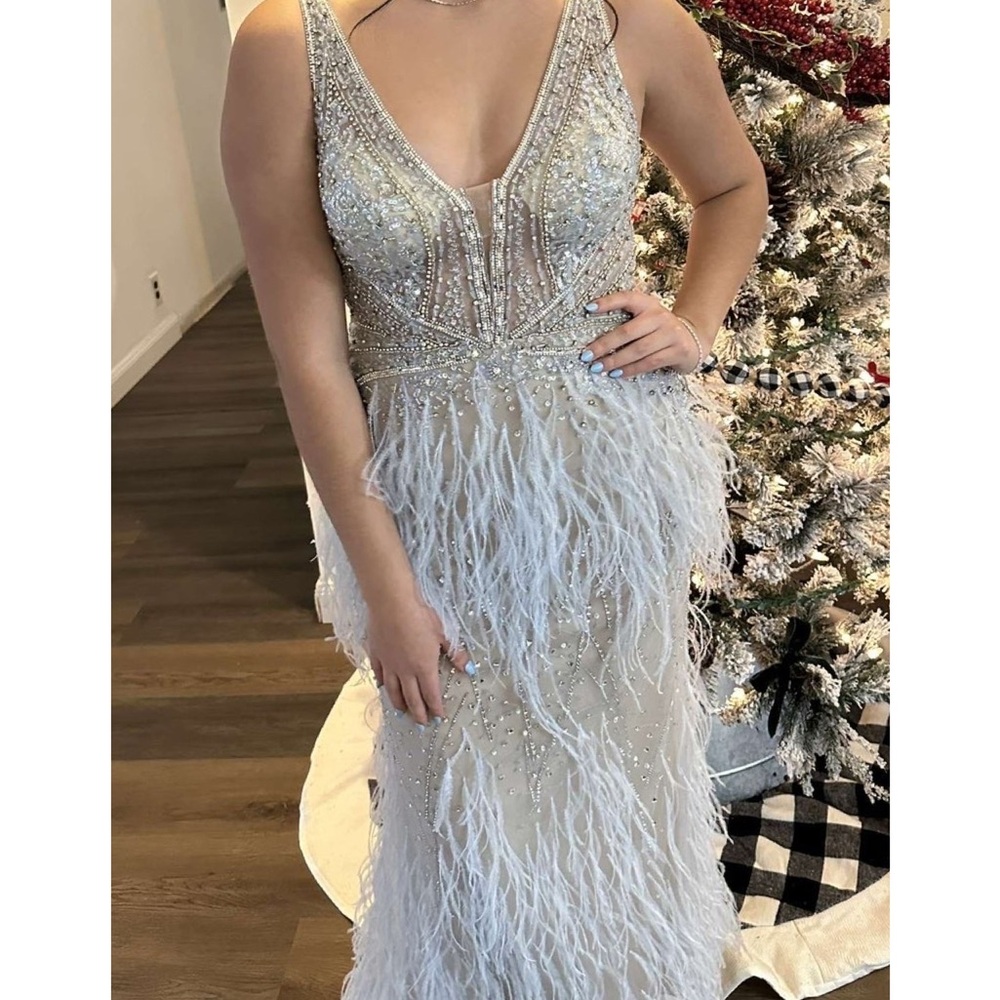 Jovani Silver Feathered Prom Dress